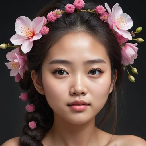 Prompt: Portrait of a beautiful asia girl, created from flowers we can see flowers on her hair, extreme details, highly detailed,ultra HD, Very Good quality, and Photorealistic. photographic, fine texture, photorealistic,Ultra Realistic, High quality, Highly detailed, majestic, dramatic lighting clear photo raw, aesthetic