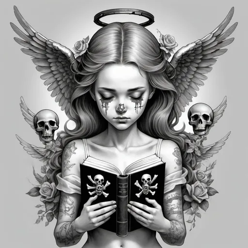 Prompt: A girl angel, closed eyes, holding skull bones made of old-style books and pages that are shedding pages and books. The angel is in an x-bones with a bird-bones-shaped lock. Make it look crisp and cobra tattoo-like. Everything is gray tones.