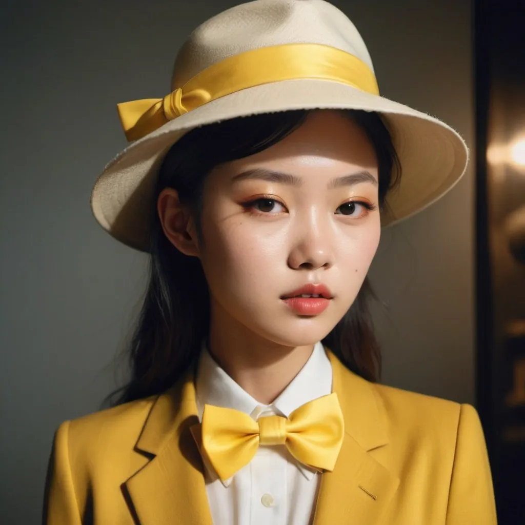 Prompt: zoomed-out photo, Asia girl, a model with constant light on her face, left view, yellow bow tie on spine side,  taken with Polaroid film, luxury aesthetic, Galleries of haute couture and ready-to-wear hat collections and handbags