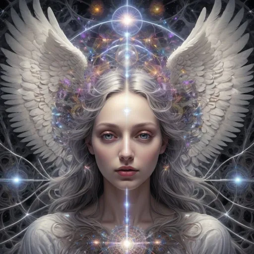 Prompt: I am the perfect angel host for divine madness, fine detail, masterpiece, highres, ultra-realistic, and psychedelic. reality glitch, what lies beyond, gray exposure, everything all at once, love beyond existence, sacred geometry, infinite divine madness, cosmic giggle