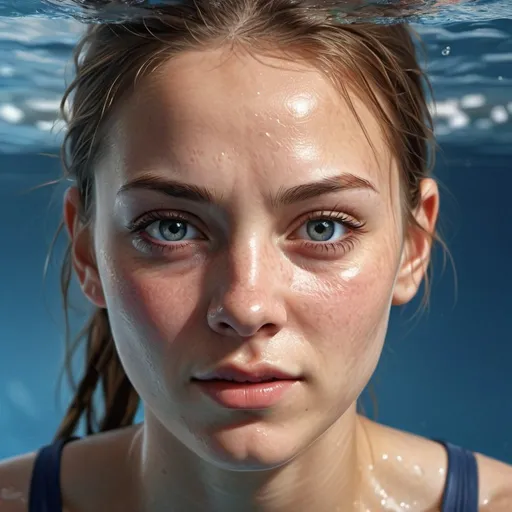 Prompt: sport 20 years girl, High-res, detailed portrait with visible pores, realistic water element, less soft, textured skin, perspire, high-quality, realistic, natural lighting, detailed eyes, professional, skin texture, water effects, detailed pores, lifelike, realistic skin, highres, intense gaze, natural elements, atmospheric lighting