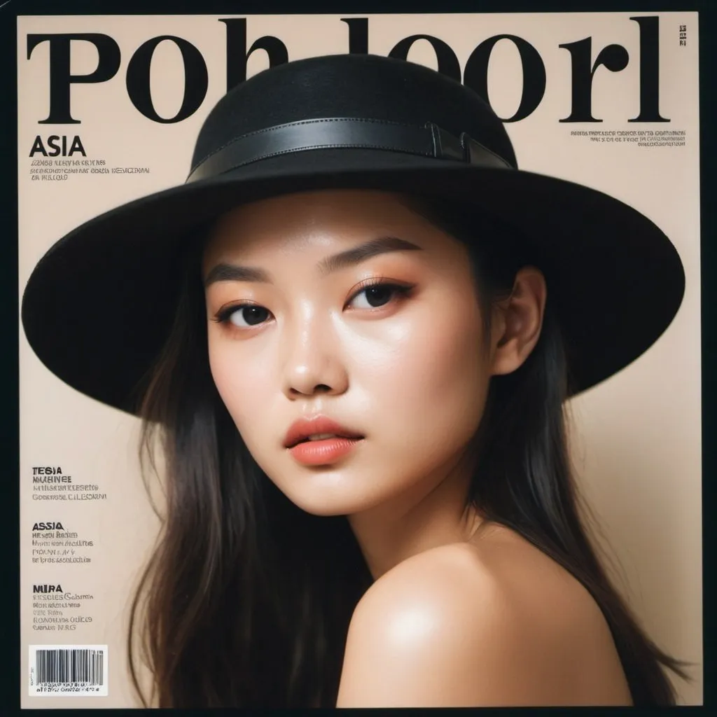 Prompt: man magazine cover, zoomed-out photo, Asia girl, model with constant ligh on her face, left side view, taken with Polaroid film, luxury aesthetic, Galleries of haute couture and ready-to-wear hat collections and handbags, t 