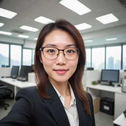 Prompt: Hong Kong businesswoman selfie, 伙open office, with eyes glasses, meticulous, 