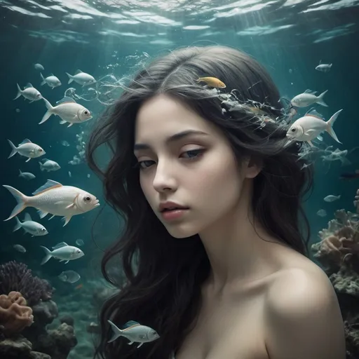 Prompt: Her head is the mystery ｕｎｄｅｒ　ｔｈｅ　sea,
In which the fishes swim forever
Deep within the heart of a woman
Infinite possibilities unfold
The fishes watch over it and weave with her
and weave deep poems with her