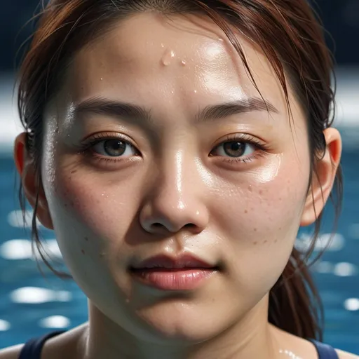 Prompt: sport 20 years japanese girl, High-res, detailed portrait with visible pores, realistic water element, less soft, textured skin, perspire, high-quality, realistic, natural lighting, detailed eyes, professional, skin texture, water effects, detailed pores, lifelike, realistic skin, highres, intense gaze, natural elements, atmospheric lighting
