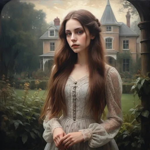 Prompt: Victorian-era oil painting style young lady with long brown hair, outdoor garden view, ethereal presence, vintage aesthetic, detailed lace dress, haunting gaze, misty atmosphere, high quality, oil painting, gothic, vintage color tones, atmospheric lighting
