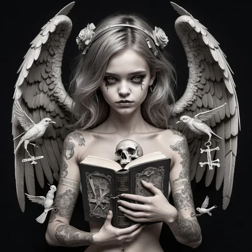 Prompt: A girl angel holding skull bones made of old-style books and pages that are shedding pages and books. The angel is in an x-bones with a bird-bones-shaped lock. Make it look crisp and cobra tattoo-like. Everything is gray tones.