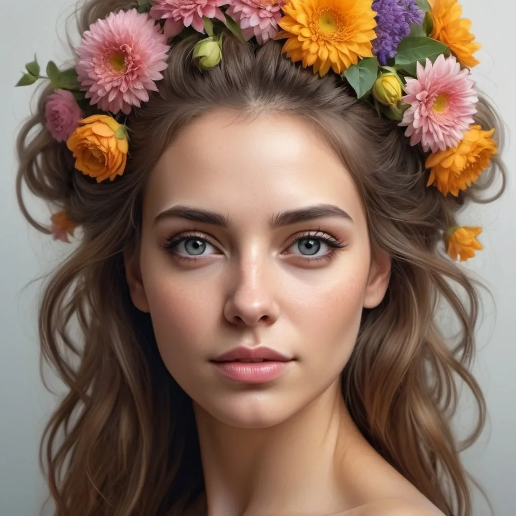 Prompt: Portrait of a beautiful woman, created from flowers we can see flowers on her hair, extreme details, highly detailed,ultra HD, Very Good quality, and Photorealistic. photographic, fine texture, photorealistic,Ultra Realistic, High quality, Highly detailed, majestic, dramatic lighting clear photo raw, aesthetic