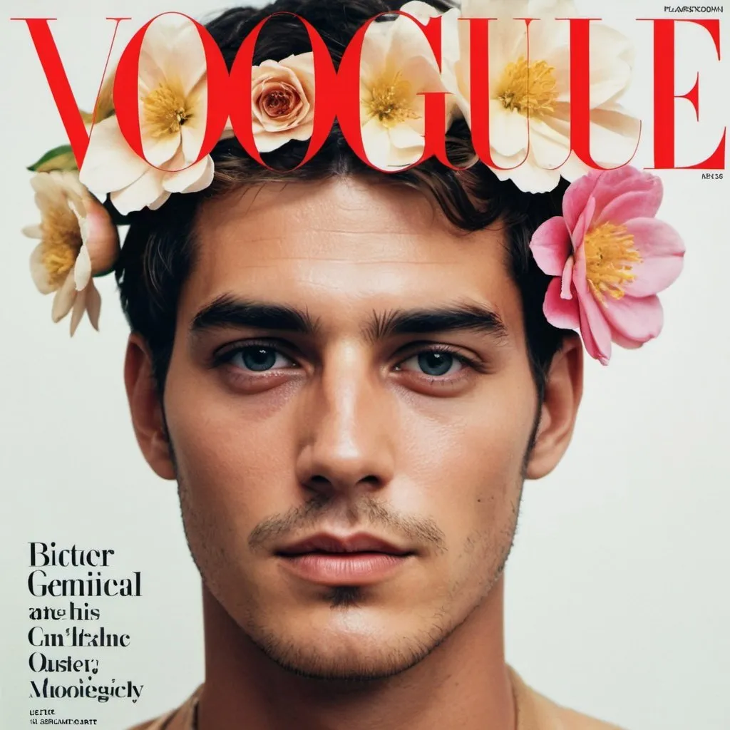 Prompt: Vogue magazine cover, zoomed out photo, man model with flowers on his face, taken with polaroid film, luxury aesthetic