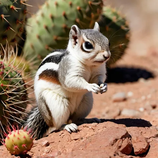 Prompt: A Harris Antelope Squirrel scampering over the sharp needles of a prickly pear cactus.

These squirrels are ground squirrels and live in burrows in the ground. They thrive within the dry and shrub landscape of the Sonora Desert in Southwestern United States and northern Mexico. Out each day in the full sun in search of food, their diet includes the fruit and seeds of cactus, insects, and occasionally small rodents and carrion. By intermittently resting in a cool shaded spot, spread-eagled with their bellies pressed against the ground, they can survive temperatures in excess of 40 C. For additional shade, they hold their tails high, which acts as an umbrella.