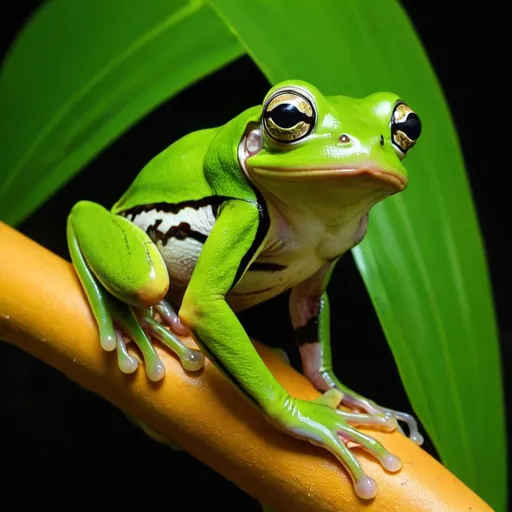Prompt: Super Tiger Leg Waxy Monkey Frog (phyllomedusa-tomopterna). Found in the Amazon basin in tropical lowland forests and swamps, where they enjoy humid and warm conditions.