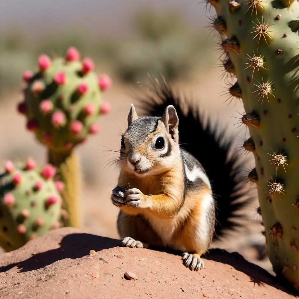 Prompt: A Harris Antelope Squirrel scampering over the sharp needles of a prickly pear cactus.

These squirrels are ground squirrels and live in burrows in the ground. They thrive within the dry and shrub landscape of the Sonora Desert in Southwestern United States and northern Mexico. Out each day in the full sun in search of food, their diet includes the fruit and seeds of cactus, insects, and occasionally small rodents and carrion. By intermittently resting in a cool shaded spot, spread-eagled with their bellies pressed against the ground, they can survive temperatures in excess of 40 C. For additional shade, they hold their tails high, which acts as an umbrella.