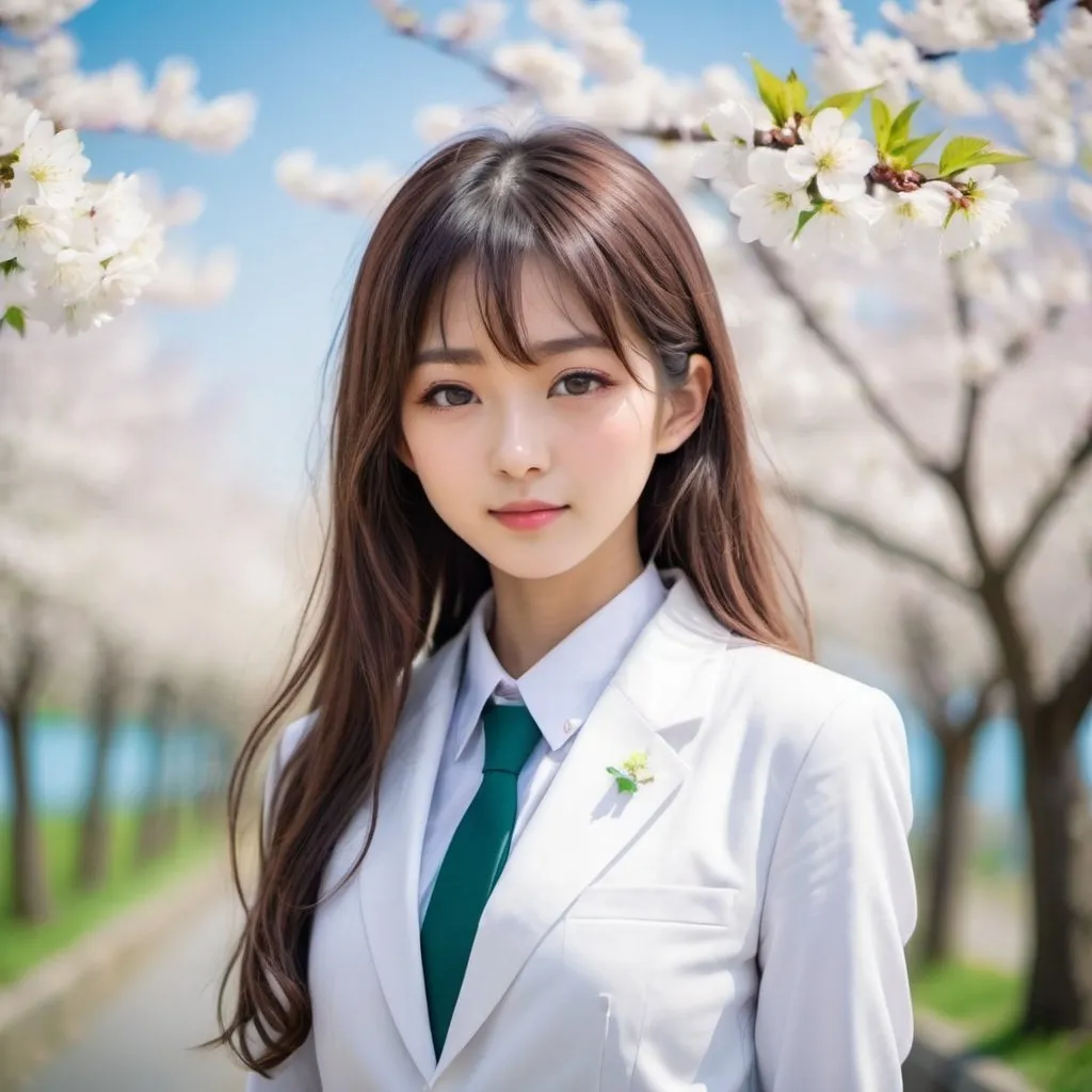 Prompt: a beautiful Japanese schoolgirl, with long curly hair, small eyes, a straight nose, light makeup, a slender figure, a white school suit, green shade, blue sky, cherry blossoms background