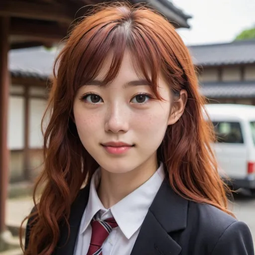 Prompt: A 21-year-old Japanese woman with long, wavy red hair with side-swept bangs and glowing black eyes. She has pale skin, a school suit, freckles and dimples.