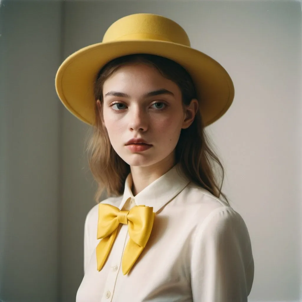 Prompt: zoomed-out photo, 21 girl, a model with constant light on her face, left view, yellow bow tie on spine side,  taken with Polaroid film, luxury aesthetic, Galleries of haute couture and ready-to-wear hat collections and handbags