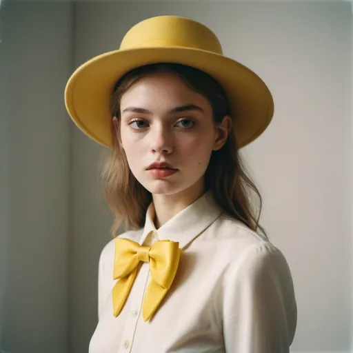 Prompt: zoomed-out photo, 21 girl, a model with constant light on her face, left view, yellow bow tie on spine side,  taken with Polaroid film, luxury aesthetic, Galleries of haute couture and ready-to-wear hat collections and handbags