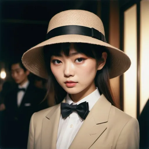 Prompt: zoomed-out photo, a Japanese girl, a model with constant light on her face, bow tie on the left side view,  taken with Polaroid film, luxury aesthetic, Galleries of haute couture and ready-to-wear hat collections and handbags