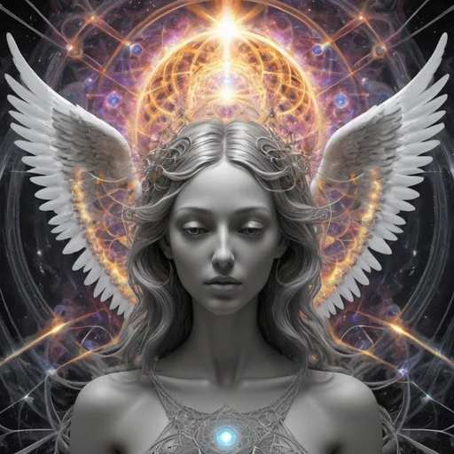 Prompt: I am the perfect angel host for divine madness, fine detail, masterpiece, highres, ultra-realistic, and psychedelic. reality glitch, what lies beyond, gray exposure, everything all at once, love beyond existence, sacred geometry, infinite divine madness, cosmic giggle