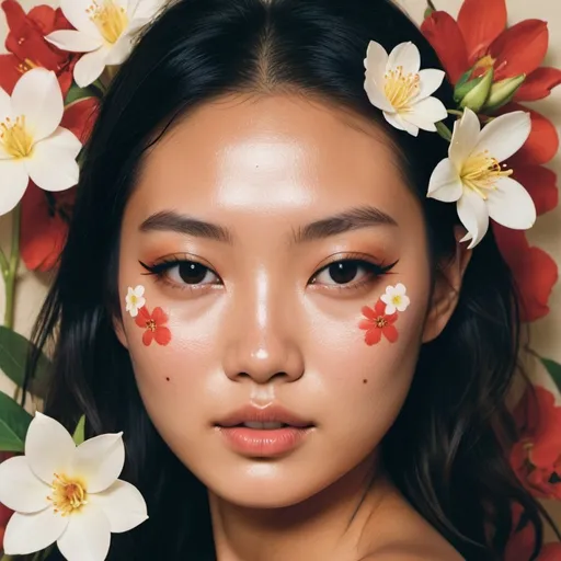 Prompt: playboy magazine cover, zoomed out photo, Asia girl model with flowers on her face, taken with polaroid film, luxury aesthetic