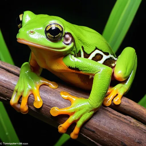 Prompt: Super Tiger Leg Waxy Monkey Frog (phyllomedusa-tomopterna). Found in the Amazon basin in tropical lowland forests and swamps, where they enjoy humid and warm conditions.