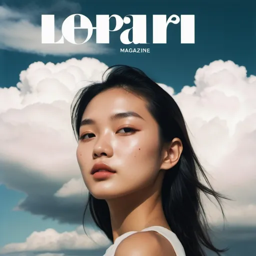 Prompt: man magazine cover, zoomed-out photo, Asia girl, model with clouds on her face, left side view, taken with Polaroid film, luxury aesthetic