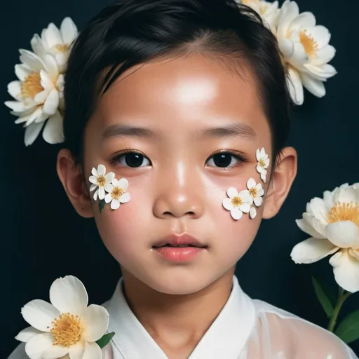 Prompt: 
magazine cover, zoomed out photo, Asia boys and girls kid model with flowers on her face, taken with polaroid film, luxury aesthetic