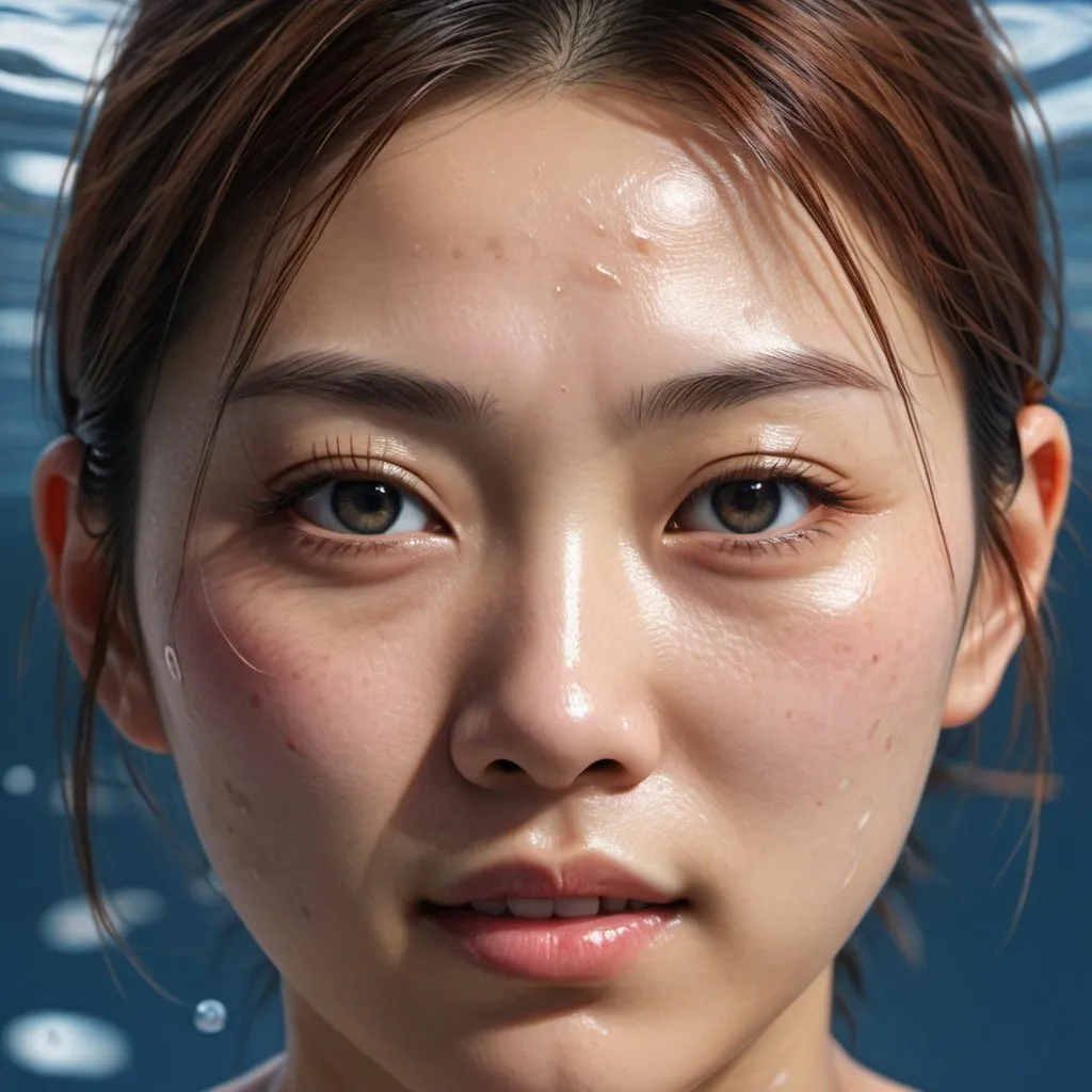 Prompt: sport 20 years japanese girl, High-res, detailed portrait with visible pores, realistic water element, less soft, textured skin, perspire, high-quality, realistic, natural lighting, detailed eyes, professional, skin texture, water effects, detailed pores, lifelike, realistic skin, highres, intense gaze, natural elements, atmospheric lighting