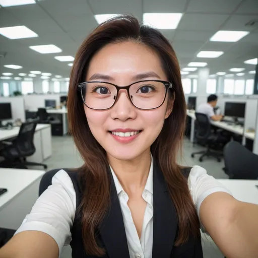 Prompt: Hong Kong businesswoman selfie, 伙open office, with eyes glasses, meticulous, 