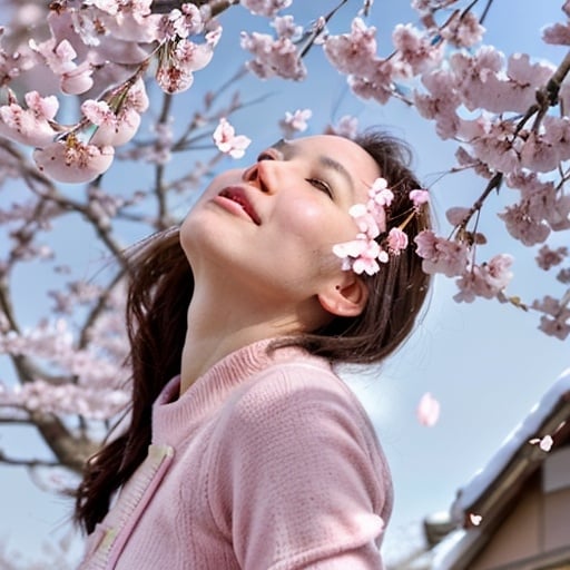 Prompt: Cherry blossoms bloom, the breath of spring
The cold of winter is banished,
and the warm sunlight envelops us.
Looking up at the sky, pink petals
Cherry blossoms in full bloom, dancing beautifully.