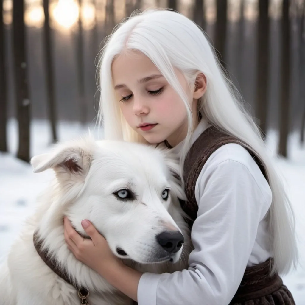 Prompt: Her pure white hair shines like moonlight,
His fur is as white as a snowy field.
The quiet flow of time between the dog and the girl,
It is proof of gentle love, kindness, and bond.