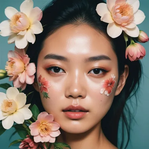 Prompt: 
magazine cover, zoomed out photo, Asia girl model with flowers on her face, taken with polaroid film, luxury aesthetic