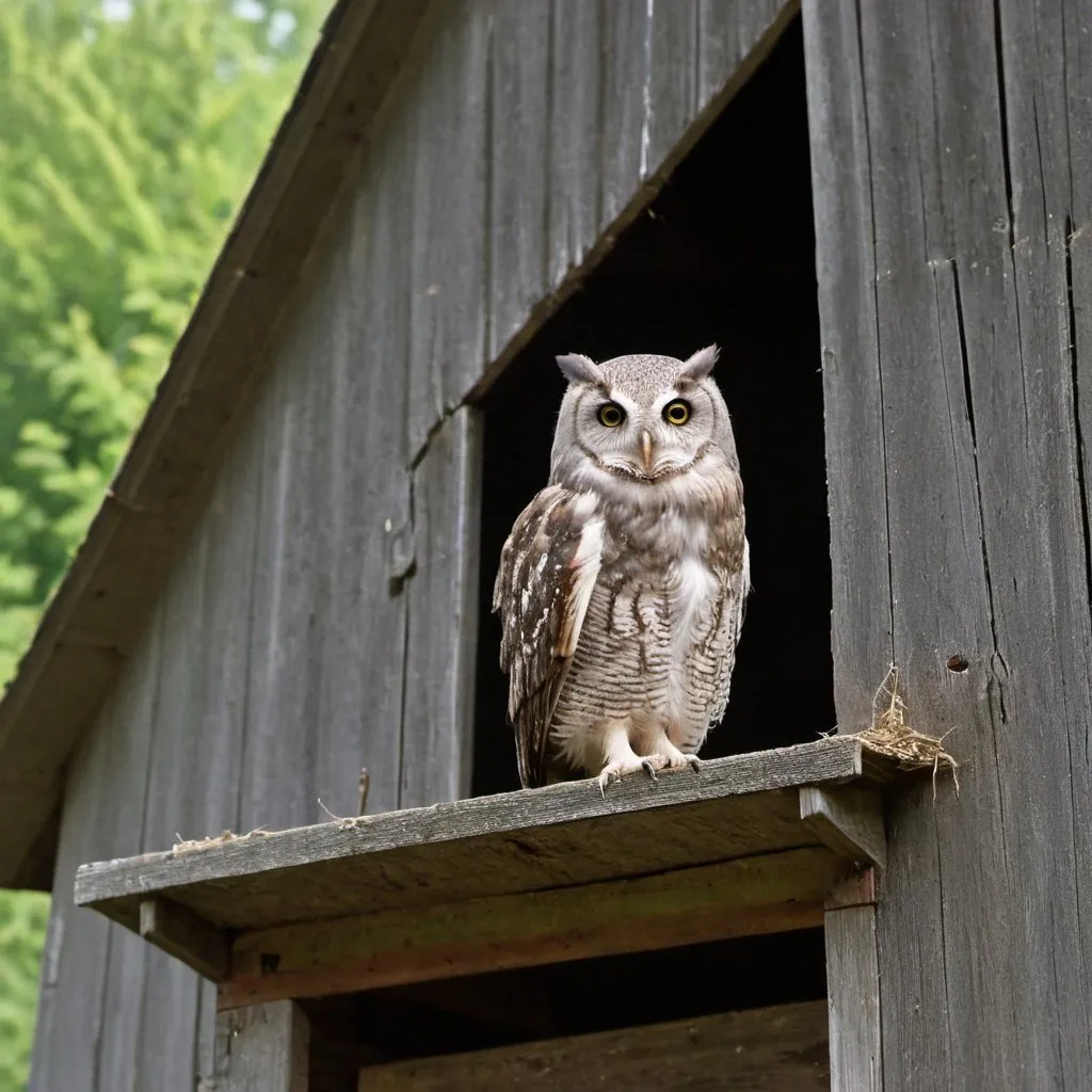 Prompt: As we pulled up outside a barn near an old stump of a tree where the parent owls had been nesting, there perched on a piece of machinery at the entrance to the barn was one of them. With a number of rather tall weeds growing towards its entrance, it was a perfect shot. The parent was presumably on guard, as most of the fledglings were inside the barn.