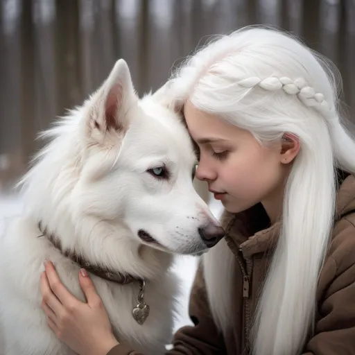 Prompt: Her pure white hair shines like moonlight,
His fur is as white as a snowy field.
The quiet flow of time between the dog and the girl,
It is proof of gentle love, kindness, and bond.