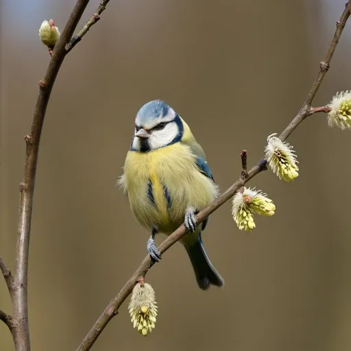 Prompt: Goat willow catkins are aready in bloom, much earlier than in previous years, hearlding the sure arrival of spring. This particular blue tit seems a little overawed by the spectacle, and even confused. There is certainly a striking resemblance!
