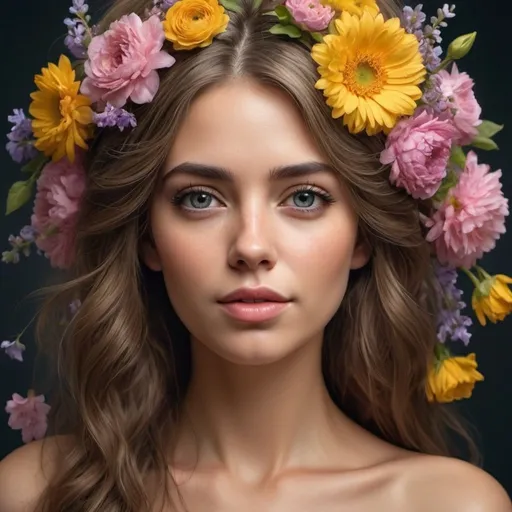Prompt: Portrait of a beautiful woman, created from flowers we can see flowers on her hair, extreme details, highly detailed,ultra HD, Very Good quality, and Photorealistic. photographic, fine texture, photorealistic,Ultra Realistic, High quality, Highly detailed, majestic, dramatic lighting clear photo raw, aesthetic