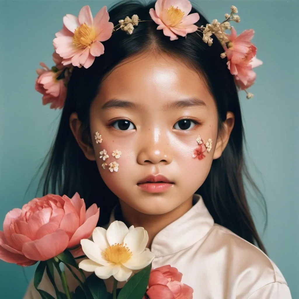 Prompt: 
magazine cover, zoomed out photo, Asia girl kid model with flowers on her face, taken with polaroid film, luxury aesthetic