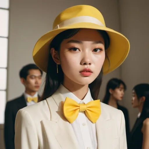 Prompt: zoomed-out photo, Asia girl, a model with constant light on her face, left view, yellow bow tie on spine side,  taken with Polaroid film, luxury aesthetic, Galleries of haute couture and ready-to-wear hat collections and handbags