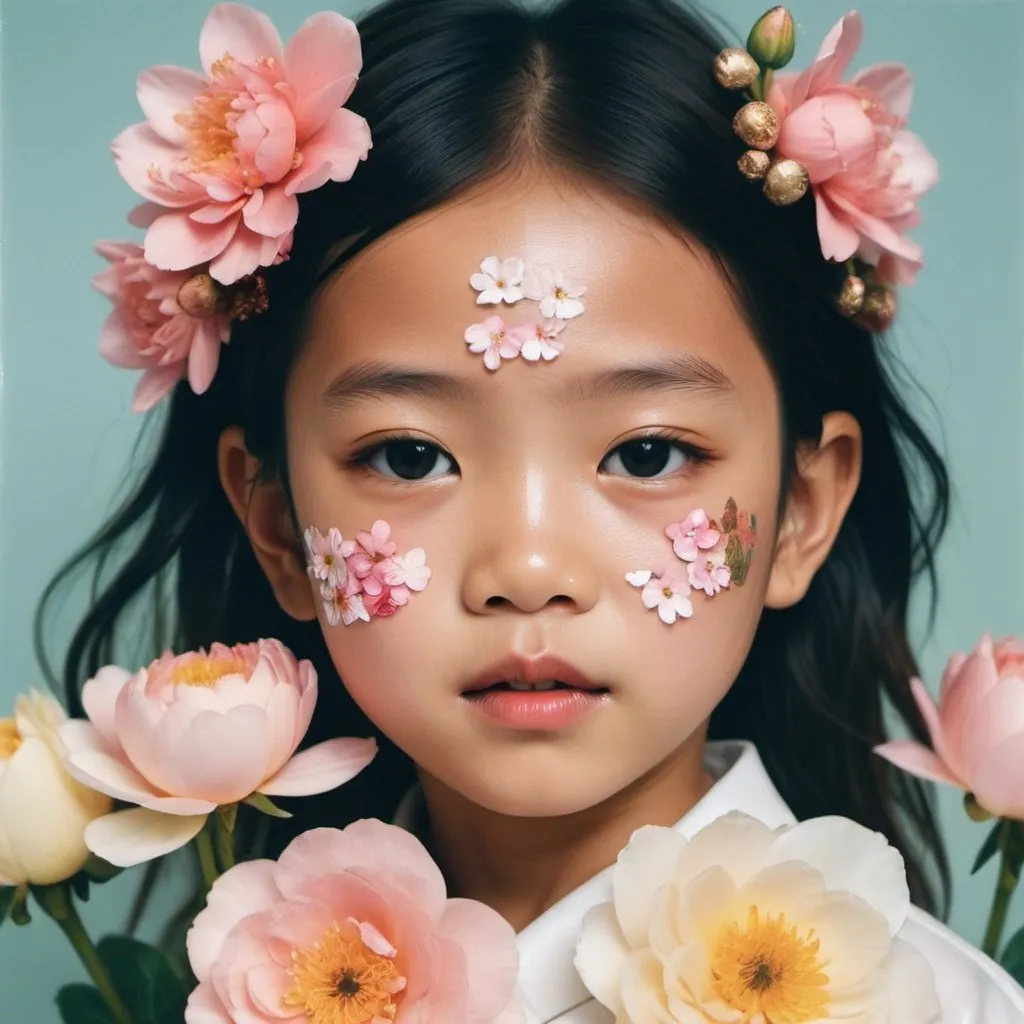 Prompt: 
magazine cover, zoomed out photo, Asia boys and girls kid model with flowers on her face, taken with polaroid film, luxury aesthetic