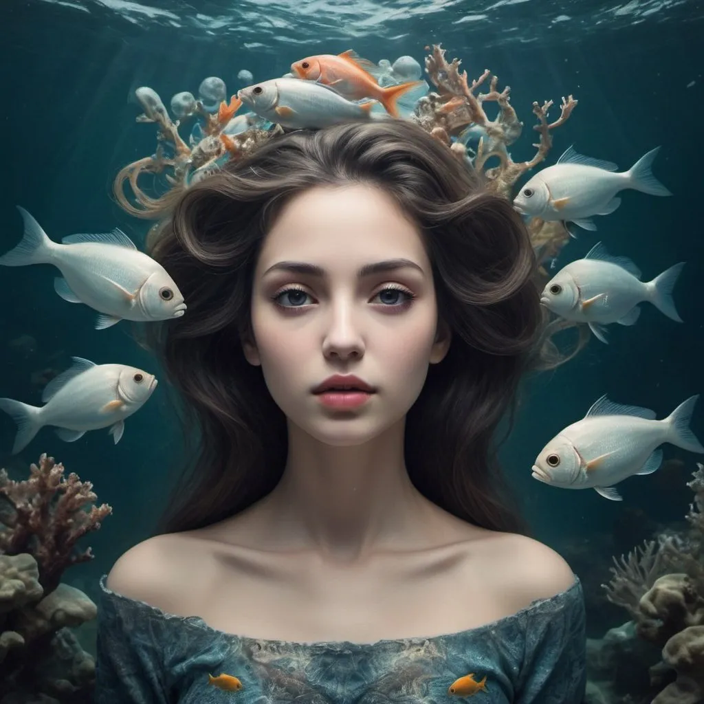 Prompt: Her head is the mystery ｕｎｄｅｒ　ｔｈｅ　sea,
In which the fishes swim forever
Deep within the heart of a woman
Infinite possibilities unfold
The fishes watch over it and weave with her
and weave deep poems with her