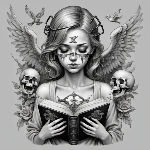 Prompt: A girl angel, closed eyes, holding skull bones made of old-style books and pages that are shedding pages and books. The angel is in an x-bones with a bird-bones-shaped lock. Make it look crisp and cobra tattoo-like. Everything is gray tones.