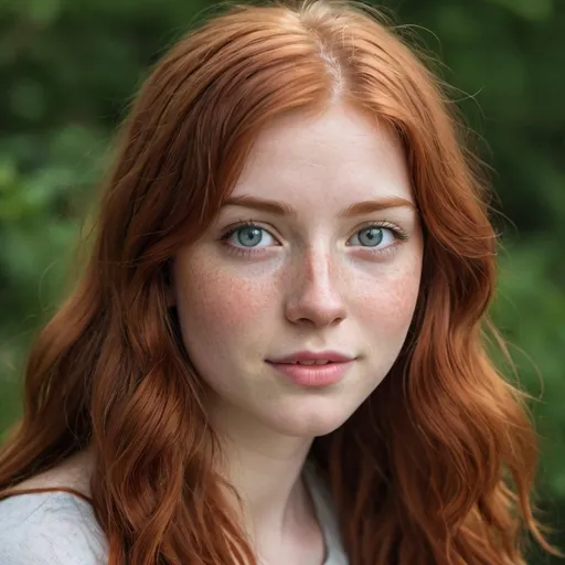 Prompt: A 21-year-old woman with long, wavy red hair with side-swept bangs and glowing silver eyes. She has pale skin, freckles and dimples.