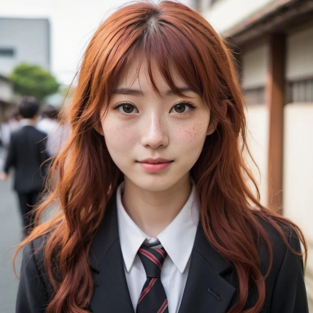 Prompt: A 21-year-old Japanese woman with long, wavy red hair with side-swept bangs and glowing black eyes. She has pale skin, a school suit, freckles and dimples.