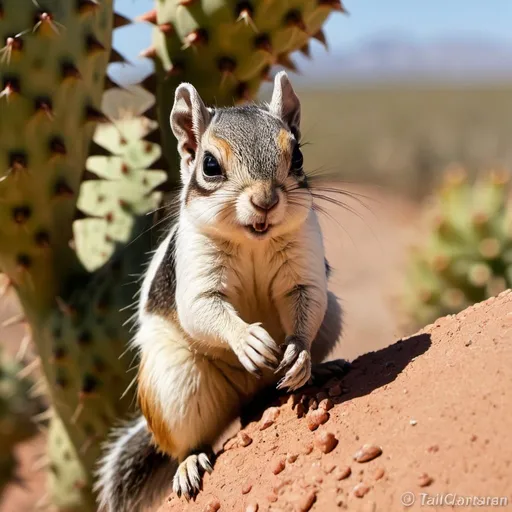 Prompt: A Harris Antelope Squirrel scampering over the sharp needles of a prickly pear cactus.

These squirrels are ground squirrels and live in burrows in the ground. They thrive within the dry and shrub landscape of the Sonora Desert in Southwestern United States and northern Mexico. Out each day in the full sun in search of food, their diet includes the fruit and seeds of cactus, insects, and occasionally small rodents and carrion. By intermittently resting in a cool shaded spot, spread-eagled with their bellies pressed against the ground, they can survive temperatures in excess of 40 C. For additional shade, they hold their tails high, which acts as an umbrella.