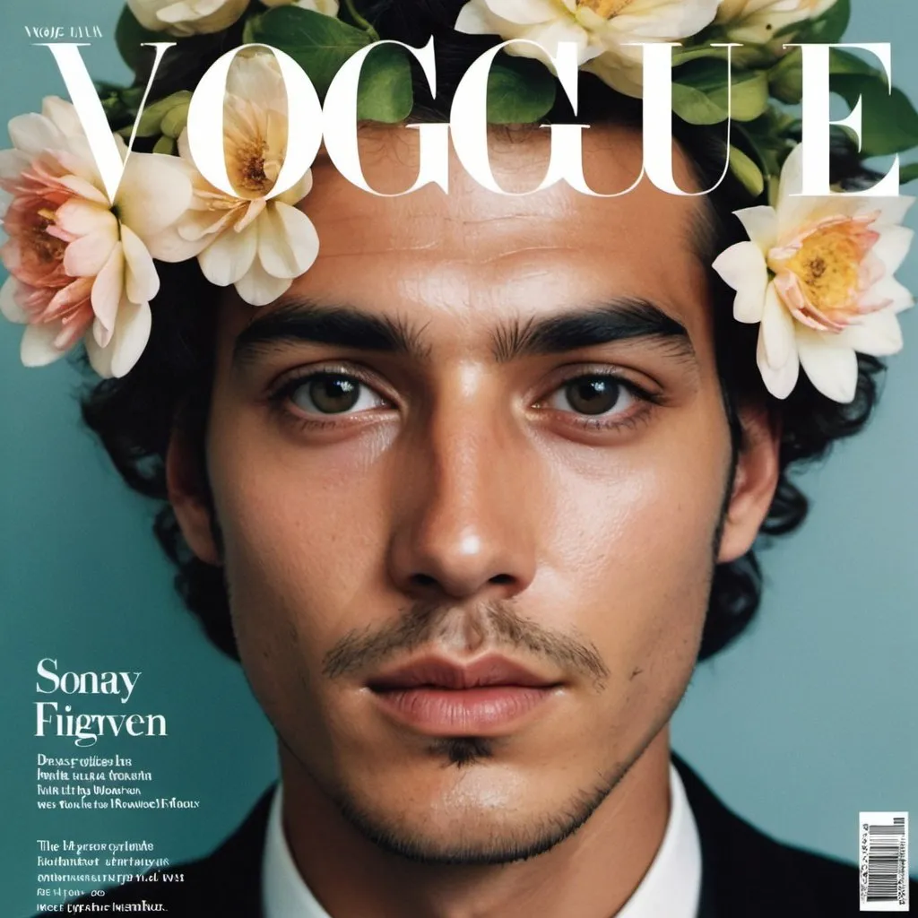 Prompt: Vogue magazine cover, zoomed out photo, man model with flowers on his face, taken with polaroid film, luxury aesthetic