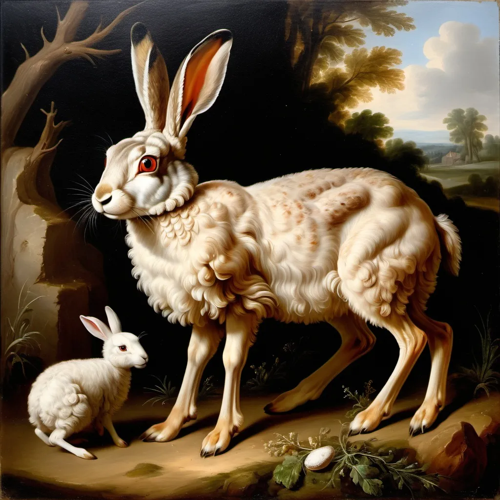 Prompt: oil painting, a hare, a leg o f lamb, jean baptiste, oudry, oli, painting, on the all