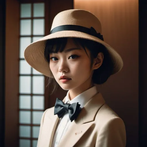 Prompt: zoomed-out photo, a Japanese girl, a model with constant light on her face, bow tie on the left side view,  taken with Polaroid film, luxury aesthetic, Galleries of haute couture and ready-to-wear hat collections and handbags