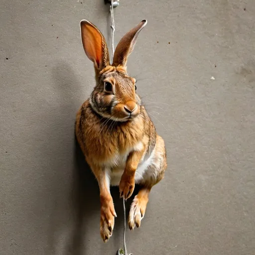 Prompt: a die wild brown rabbit,  an animal leg , hanging on the wild wall, 