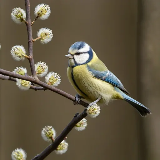 Prompt: Goat willow catkins are aready in bloom, much earlier than in previous years, hearlding the sure arrival of spring. This particular blue tit seems a little overawed by the spectacle, and even confused. There is certainly a striking resemblance!