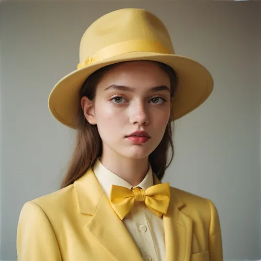 Prompt: zoomed-out photo, 21 girl, a model with constant light on her face, left view, yellow bow tie on spine side,  taken with Polaroid film, luxury aesthetic, Galleries of haute couture and ready-to-wear hat collections and handbags