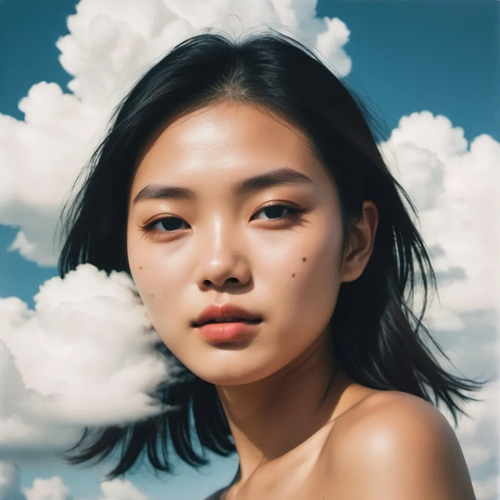 Prompt: man magazine cover, zoomed-out photo, Asia girl, model with clouds on her face, left side view, taken with Polaroid film, luxury aesthetic